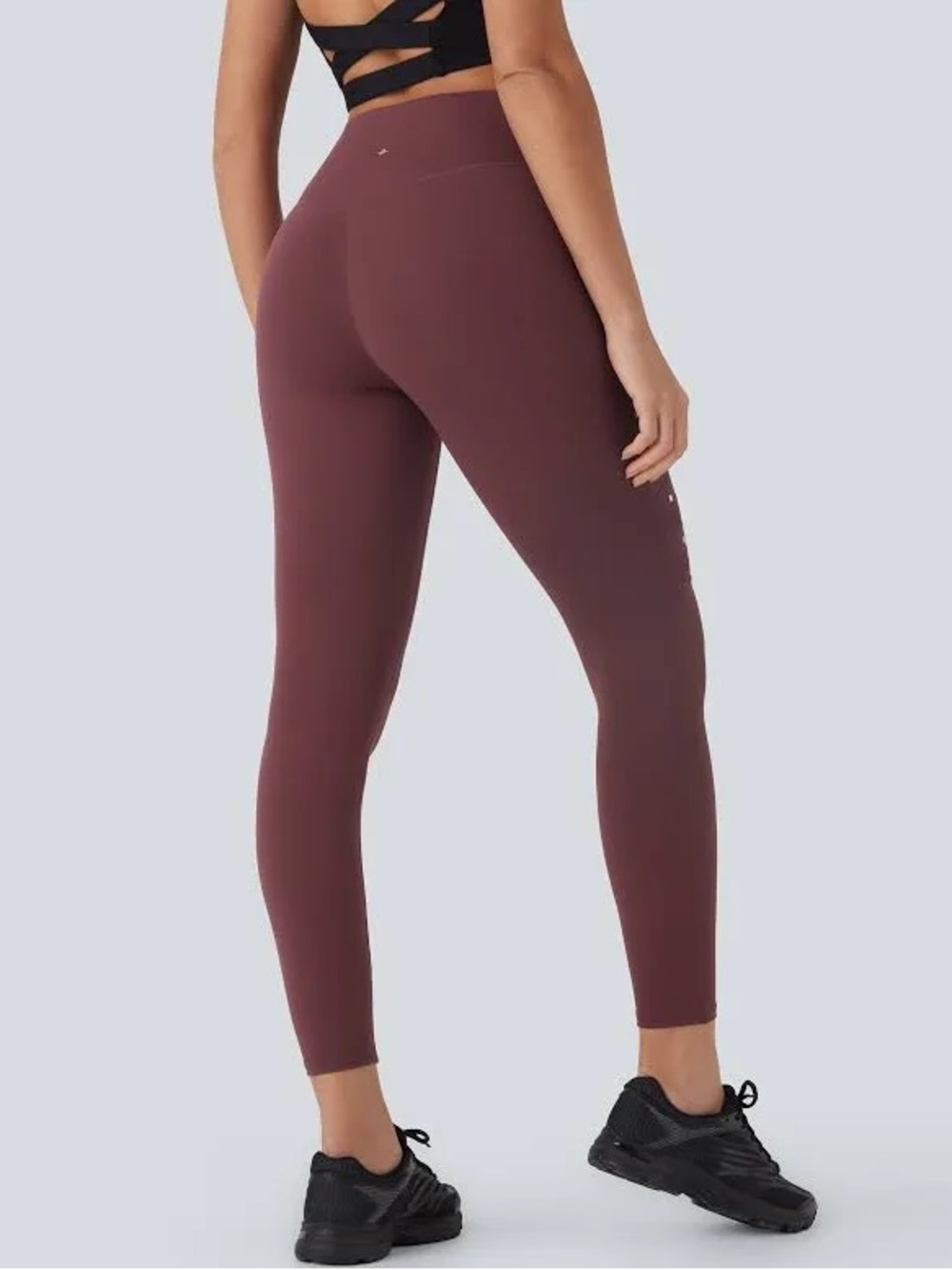 Halara High Waisted Crossover Mesh Studded Yoga Leggings 7/8 Length Burgundy NWT - Picture 2 of 6